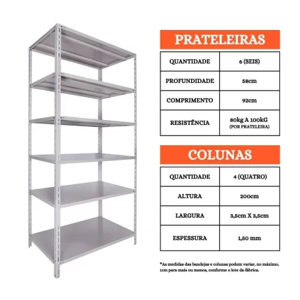 Estante de Aço 58cm c/ 6 Prateleiras Reguláveis - Cinza Linha Reforçada - 2,00x0,92x0,58