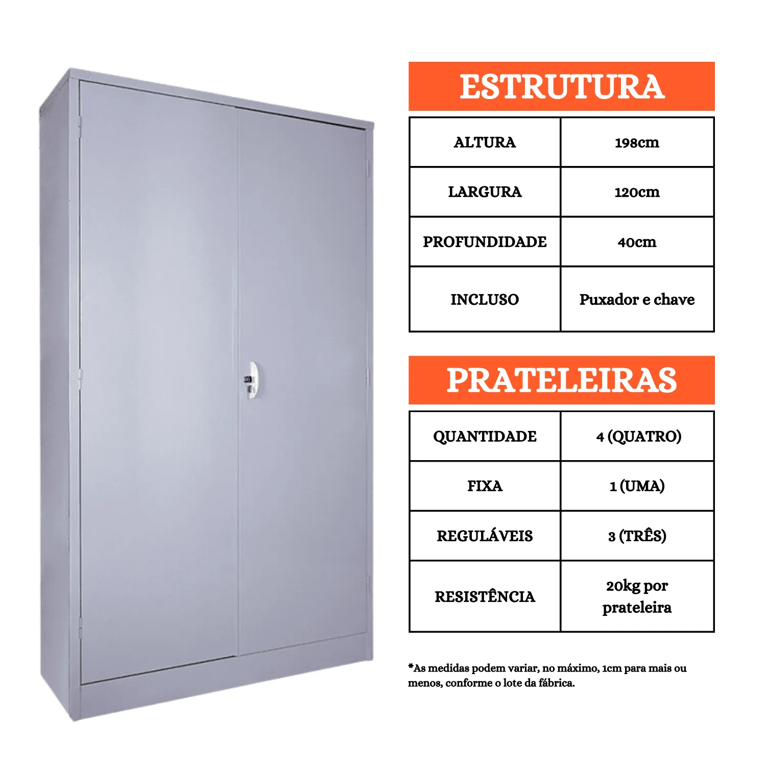 Armário de Aço 2 Portas PA 120 para Escritório - Com 4 Prateleiras - 1,98x1,20x0,40 - Imagem 1
