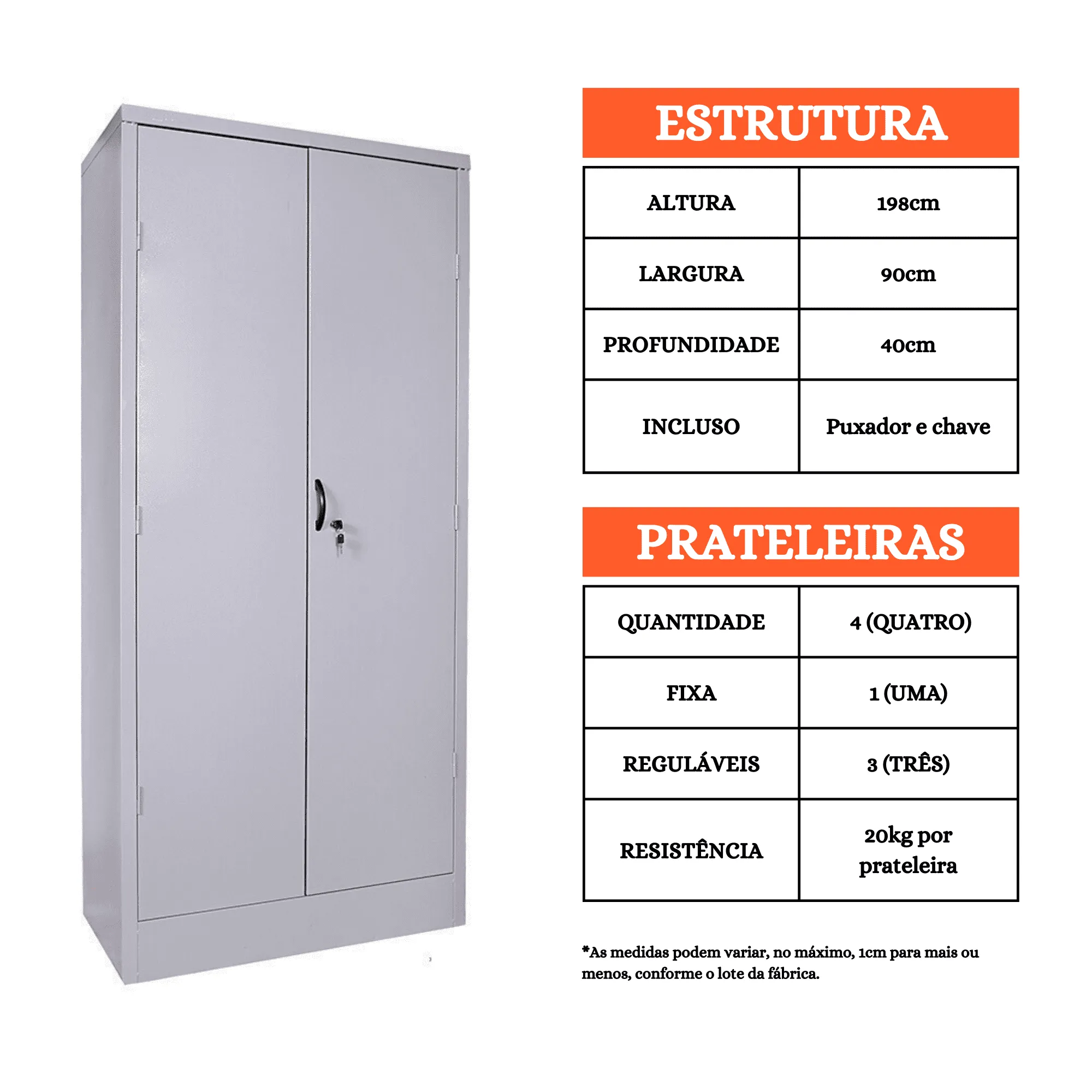 Armário de Aço 2 Portas PA 90 para Escritório - Com 4 Prateleiras - 1,98x0,90x0,40 - Imagem 1