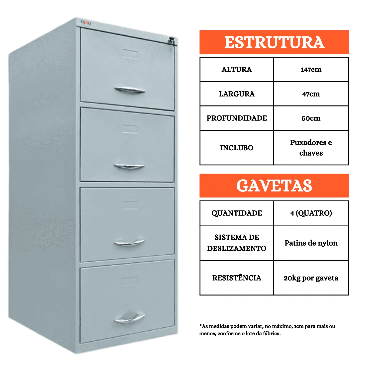 Arquivo de Aço 4 Gavetas para Pastas Suspensas - Curto | 1,35x0,47x0,50 - Imagem 1