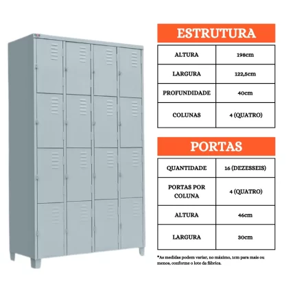Roupeiro de Aço 16 Portas Pequenas - Armário Vestiário